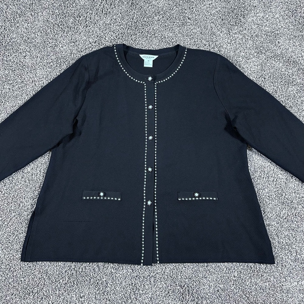 Exclusively Misook Women's Size 3X Black Knit Jacket Cardigan Embroidered Trim